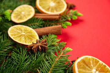 Fototapeta na wymiar Composition with christmas tree branches, dry orange slices, cinnamon and anise spices