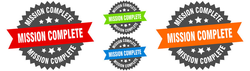 mission complete sign. round ribbon label set. Seal