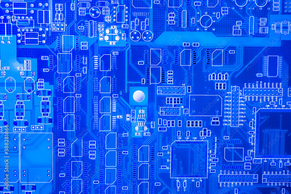 Poster background technology. blue background from pcb elements. texture with elements of the printed plant