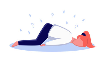 Emotional burnout woman lying on the floor, tired girl. Depressed woman with panic attack lying on floor hugging her knees scared and stressed