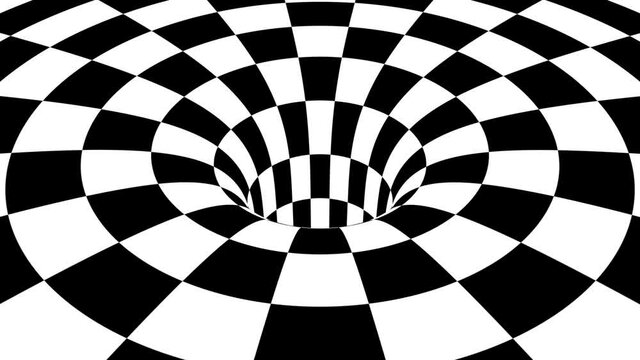 Monochrome checker floor curving into a hole hypnotic 4k looping background