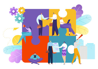 Puzzle business teamwork, team people partnership communication vector illustration. Success idea strategy for man woman at jigsaw. Building office work concept, brainstorming together.
