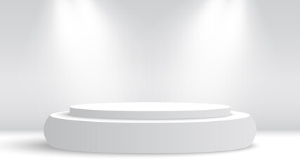 White round podium and spotlights. Pedestal. Vector illustration.