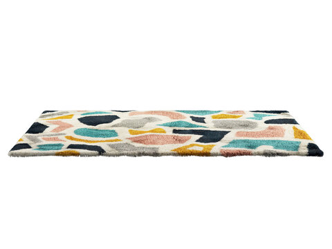 Multicolored fluffy rectangular carpet with a modern colorful geometric pattern. 3d render