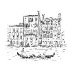 Hand drawn sketch vector illustration of Venice, Italy. Drawing of a canal, houses and gondola. Tourism Concept. © GaliChe