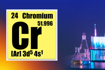 Fototapeta na wymiar Chromium logo on the background of tubes. Cell with CR element properties. Study of the element chromium. Concept - production using chromium. Chimical research. Experimenting with CR element