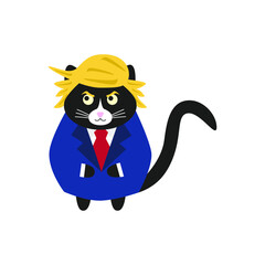 Severe cat in a blue jacket with a red tie and yellow hairstyle. Doodle flat illustration vector
