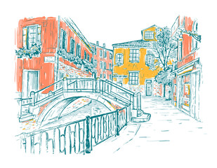 Hand drawn sketch vector illustration of the streets of Venice, Italy. Water channel with a bridge. Romantic color cityscape on tne white background