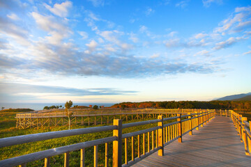 北海道「知床国立公園」の知床五湖、高架木道から、夕日に染まる景色