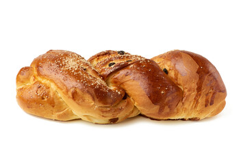 baked sweet bun made of white wheat flour with raisins
