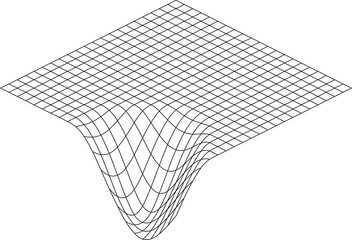 Distorted grid pattern. Technology, science, game background. Black and white. Monochrome. Banner, wallpaper, print. Bent grid in perspective. mesh with convex distortion. curved mesh elements. spatia