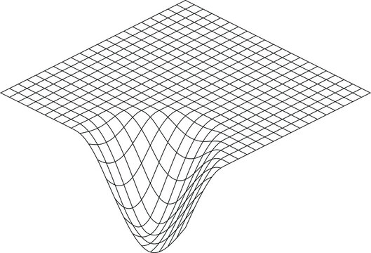 Distorted grid pattern. Technology, science, game background. Black and white. Monochrome. Banner, wallpaper, print. Bent grid in perspective. mesh with convex distortion. curved mesh elements. spatia