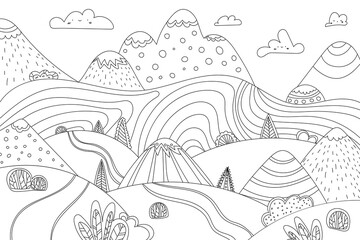 Doodle cute cartoon meadowland, hills, mountains, clouds and road. Kids funny coloring page of landscape isolated on white background. Vector stock illustration. Line design.