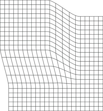Distorted grid pattern. Technology, science, game background. Black and white. Monochrome. Banner, wallpaper, print. Bent grid in perspective. mesh with convex distortion. curved mesh elements. spatia