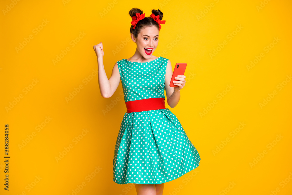 Sticker Photo of delighted girl blogging use cellphone raise fists scream win wear skirt isolated shine color background