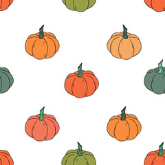 Seamless  pattern of pumpkins. Hand drawn vector illustration on a white background.