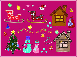 New Year. Christmas. Winter holidays. Cookie houses. Snowman, Christmas tree, decorations, garlands, a bag of gifts, Santa's sleigh. All objects are isolated. Vector.