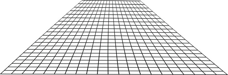 Distorted grid pattern. Technology, science, game background. Black and white. Monochrome. Banner, wallpaper, print. Bent grid in perspective. mesh with convex distortion. curved mesh elements. spatia