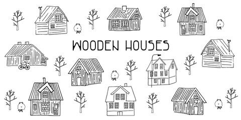 Set of Black and white wooden scandinavian houses for coloring book