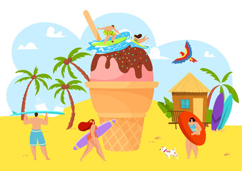 Summer beach with people, huge ice cream and happy vacation sweet dessert party vector illustration. Cartoon man woman at sun fun holiday design concept. Frozen food outdoor banner.