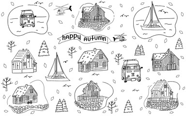 Set of Black and white wooden scandinavian houses for coloring book