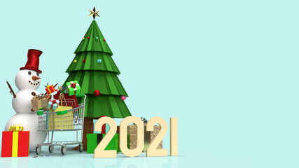 The snowman and shopping cart for Christmas and new year  holiday content 3d rendering