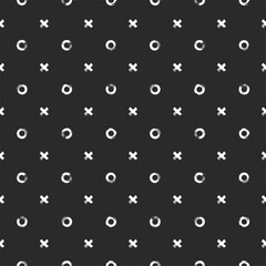 Seamless modern pattern with white hand drawn circles and cross signs isolated on black background. Abstract monochrome illustration. 
