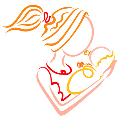 mom admires swaddled baby with a pacifier in her mouth