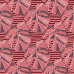 Pink palette monstera ornament seamless doodle pattern. Striped background. Botanic tropical artwork.