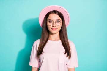 Fototapeta premium Photo of charming nice young lady look in camera isolated over pastel teal color background