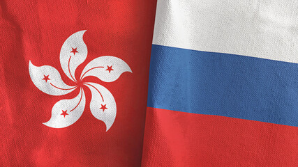 Russia and Hong Kong two flags textile cloth 3D rendering
