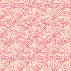 Outline monstera leaves silhouettes seamless stylized pattern. Pink palette tropical plant artwork. Simple botanic print.