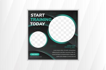 start training today banner design template with wave background use black gradient and blue element. curve wavy style. dot pattern. square layout. circle shape for photo space.