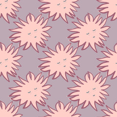 Happy seamless doodle pattern with pink sun faces ornament. Purple pastel background. Happy cartoon print.