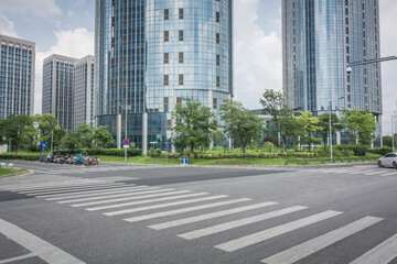 Empty square in front of city commercial building
