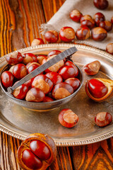autumn still life with horse chestnuts on wooden background