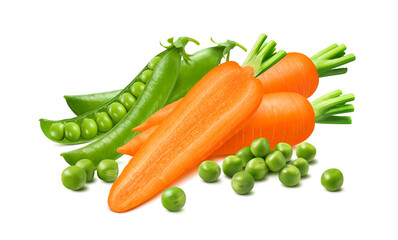 Carrots and green peas isolated on white background