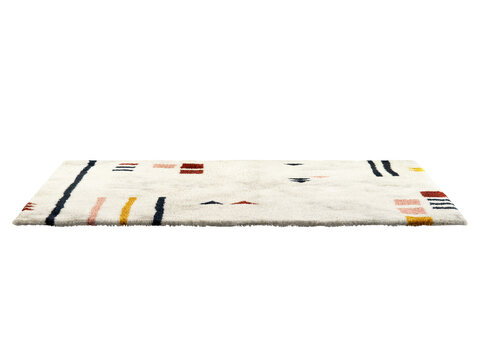 Light beige fluffy rectangular carpet with a modern colorful geometric pattern. 3d render