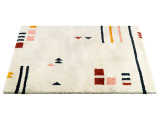 Light beige fluffy rectangular carpet with a modern colorful geometric pattern. 3d render