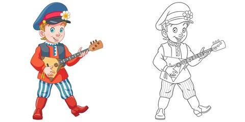 Coloring page with boy playing balalaika. Line art drawing for kids activity coloring book. Colorful clip art. Vector illustration.