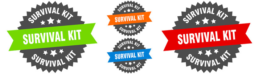 survival kit sign. round ribbon label set. Seal