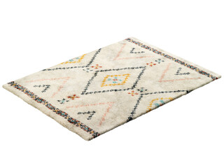 Scandinavian fluffy rectangular light beige carpet with a colorful nordic pattern. 3d render