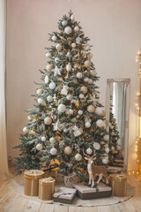 Christmas background. Christmas tree indoors. Holiday decor