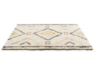 Scandinavian fluffy rectangular light beige carpet with a colorful nordic pattern. 3d render