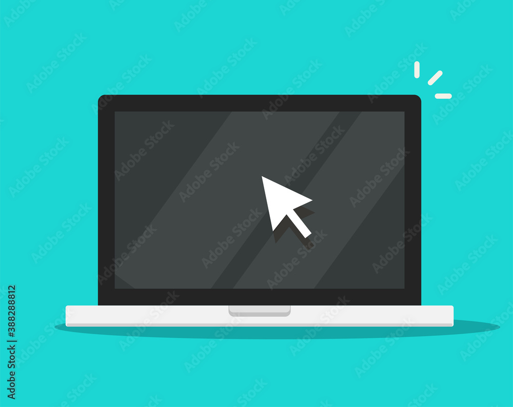 Poster pointer mouse arrow cursor clicking on computer laptop screen icon vector flat cartoon illustration 