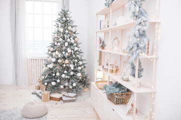 Christmas background. Christmas tree indoors. Holiday decor