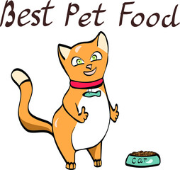Cute cat with dish. Best pet food. Vector cartoon character isolated on white background. Concept for logo, print, cards 