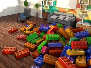 The living room is taken over by colourful children's building toys. stylish modern cosy living area