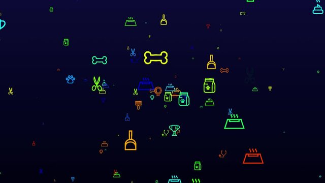 National Pets Day. neon icons background. seamless pattern. loop animation. small, multicolored icons, illustrations or logos appear, fly slowly on black backdrop.