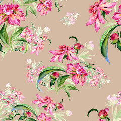 Seamless pattern delicate bouquet of peonies with buds